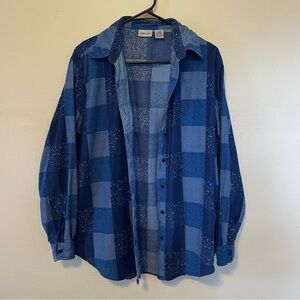 Cabin Creek Lightweight Corduroy Blue Floral Plaid Patchwork Button Front Shirt